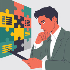 Businessman Analyzing Puzzle Pieces for Strategy and Planning Illustration