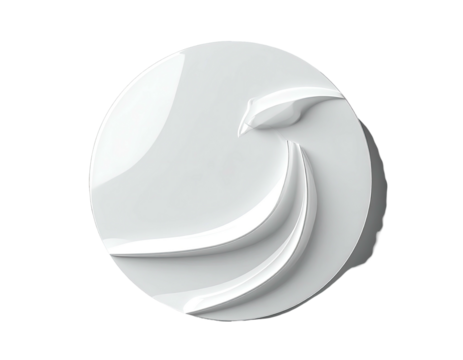 Smooth, white, circular emblem with stylized flowing lines