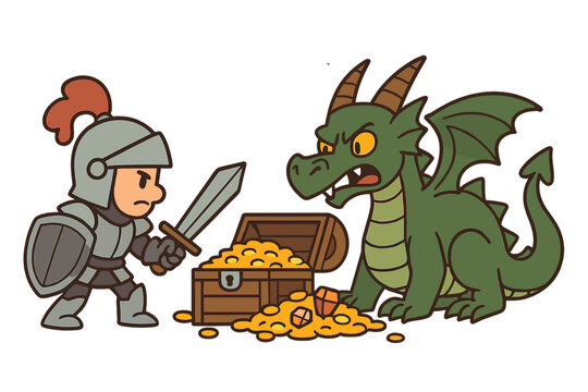 Fototapeta Knight vs dragon. Fantasy battle concept. Medieval warrior fighting monster for treasure. Guarding gold. Brave hero character. Fairytale scene. Cartoon vector illustration set.