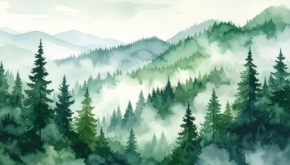 Fototapeta premium Green landscape of foggy forest winter hill. Wild nature frozen misty taiga. watercolor background. Serene woodland panorama cold mount. pristine environment icy clouded boreal