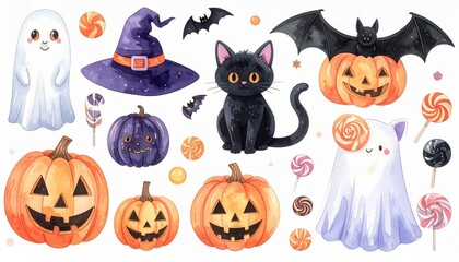 Fototapeta premium Fun and cute Halloween icon set including ghosts pumpkins black cats bats hats candies and lollipops. Watercolor style perfect for kids and holiday themes. Festive october clip art