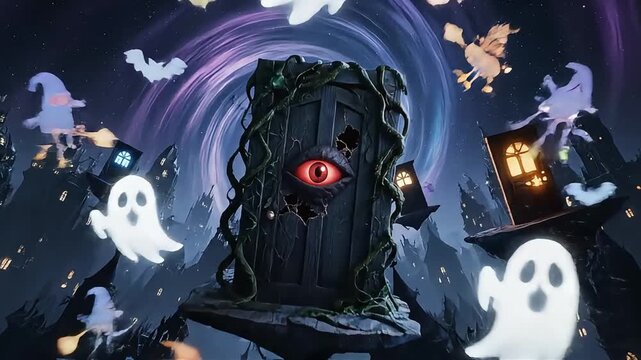 spooky halloween fantasy glowing red-eyed crypt ghosts bats gothic castles floating under cosmic sky