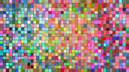 A vibrant mosaic of small, multicolored squares, creating a shimmering, pixilated effect