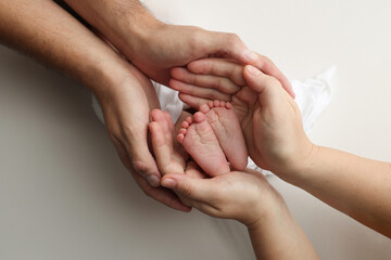 A father and mother hold the feet of a newborn child in a white blanket on a white background.. The feet of a newborn in the hands of parents. Photo of foot, heels and toes.The palms of the parents.