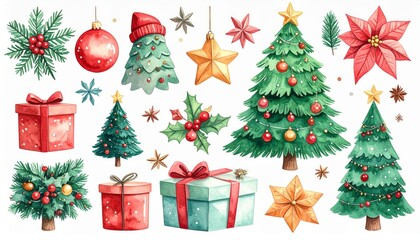 Festive Christmas set watercolor illustration with christmas elements. Holiday xmas clip art graphic for card making decoration.
