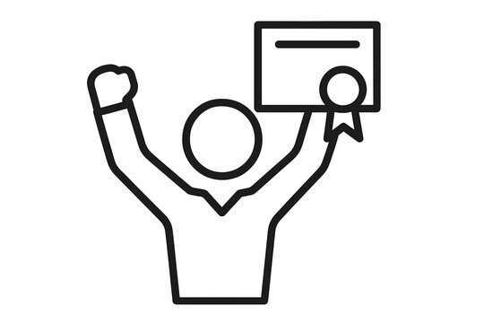 Celebrating success with diploma certificate and seal of approval, thin line icon of professional achievement, education award recognition, accomplishment concept design