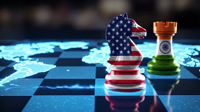 Chess pieces with USA and India flags on a board with a world map symbolizing geopolitical strategy.