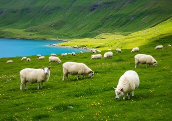 Obraz premium Pastoral harmony, sheep grazing on verdant meadow by tranquil blue loch