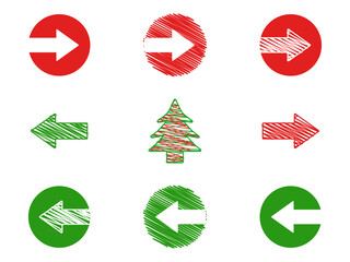 クリスマスカラーの矢印とツリーの手描き風アイコンセット