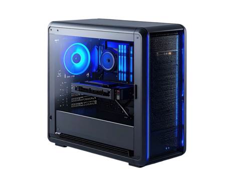 Computer case with glowing blue lights - Powered by Adobe