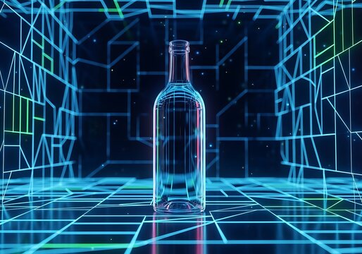 Bottle silhouette amid vibrant geometric backdrop, evoking futuristic vibes and modern design aesthetics through