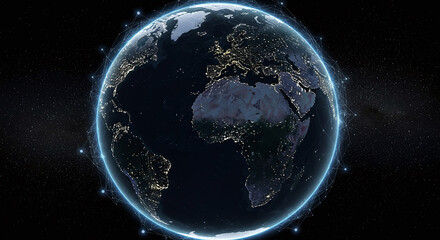 Earth globe at night with glowing network and city lights
