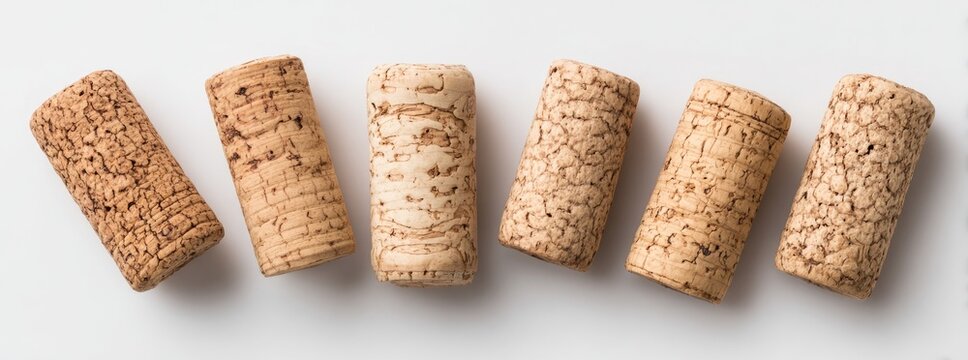 Close-up of several wine corks, light beige color, textured surface,  arranged horizontally on a white background