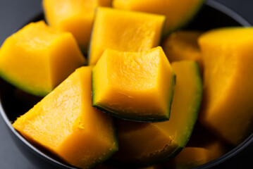Steamed Japanese pumpkin or Kabocha in bowl ready to eating, Healthy food