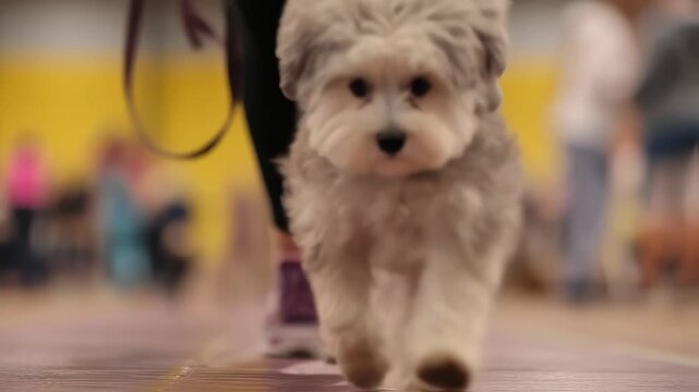 Cute fluffy havanese dog confidently trotting towards the camera on a leash alongside its handler during a dog show competition, with a shallow depth of field focusing on the animal