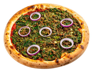 Round pizza topped with spinach, meat, and red onions