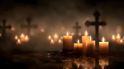 All Souls Day,All Saints Day Backdrop. Lit Candles, Gloomy Concept And Creative Background