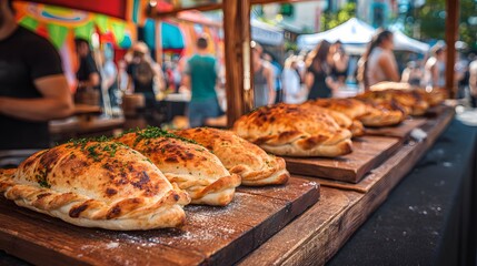 Calzones being served at a food festival with colorful booths and people in the background. National Calzone day concept