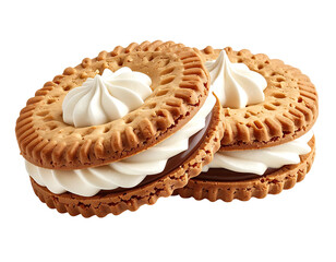 Two round sandwich cookies with whipped cream and chocolate filling