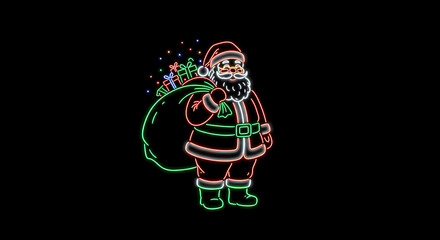 Neon Santa's Festive Greeting: A radiant neon depiction of Santa Claus, laden with a sack of gifts, beaming joyfully against a striking black canvas, inviting all to embrace the holiday spirit.