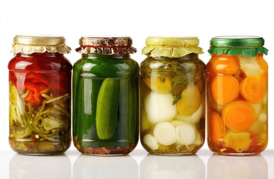 Four sealed glass jars with various pickled vegetables, brightly lit against white background
