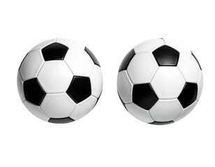 Two soccer balls, side-by-side, against a black background