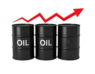 Three black oil barrels with a rising red arrow graph