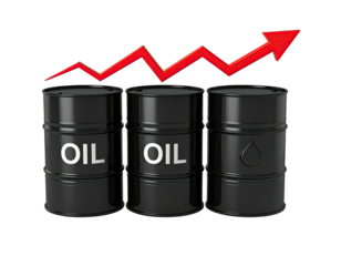 Three black oil barrels with a rising red arrow graph