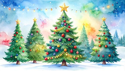 Fototapeta premium Beautiful christmas abstract fir tree with gifts hand drawn watercolor stock illustration. Festive xmas evergreen present art watercolor painting for holiday decor.