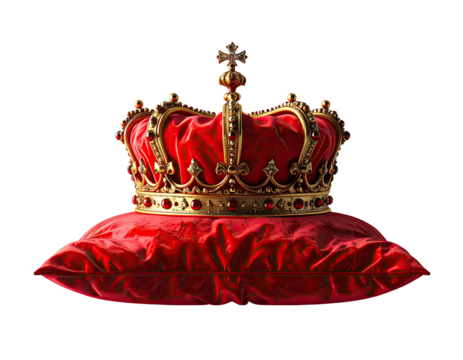 Ornate golden crown resting on a red velvet pillow (1)
