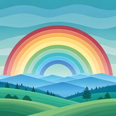 Vibrant rainbow arching over rolling hills and mountains