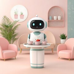 Friendly robot serving drinks and snacks on a tray in a modern living room
