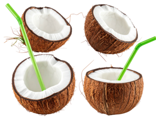 Four halves of coconuts with green straws