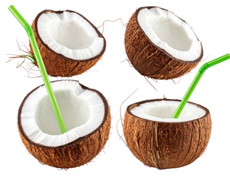 Four halves of coconuts with green straws