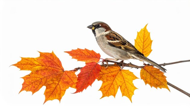 A single sparrow perches on a branch with autumn leaves isolated on a white background. Bird on limb fall foliage clean backdrop avian wildlife simple nature scene peaceful image.
