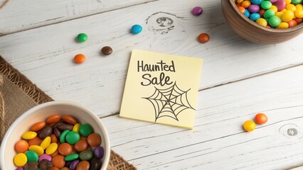 Festive Fall Candy Display with Notes on Wooden Table Featuring Colorful Treats for Seasonal Celebrations and Promotions