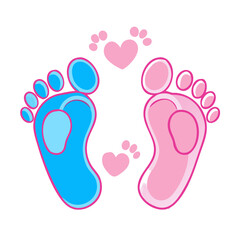 Vector illustration of pink and blue baby footprints with heart-shaped soles, ideal for gender reveal, baby shower designs, nursery decor, invitations, cards, and infant-related ... See More