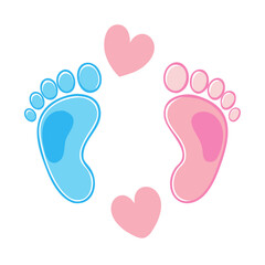 Vector illustration of pink and blue baby footprints with heart-shaped soles, ideal for gender reveal, baby shower designs, nursery decor, invitations, cards, and infant-related ... See More