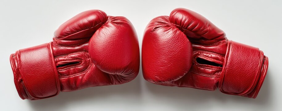 Two red boxing gloves face each other, centered against a white background. Leather detail visible