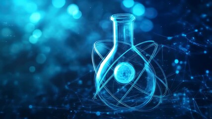 Futuristic laboratory glassware with glowing atom animation and abstract blue background perfect - Powered by Adobe