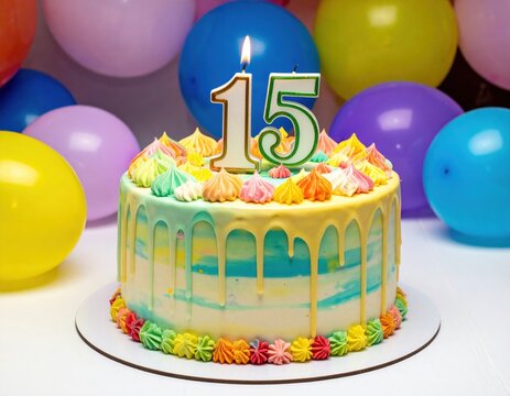 Celebration Cake With Colorful Decorations for 15th Birthday Party