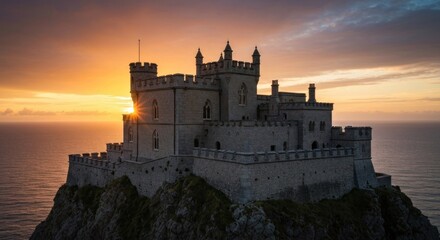Obraz premium Majestic castle atop a rocky outcrop, bathed in a golden sunrise over the sea