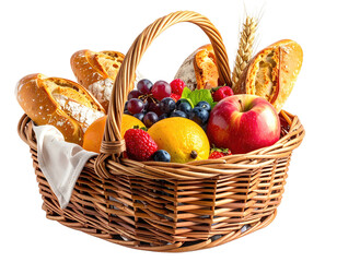 Basket filled with bread, fruits, and berries