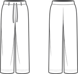 Flat vector, fashion sketch, wide leg pants, technical drawing, clothing design, apparel template, garment illustration, trousers outline, minimalist style, unisex wear