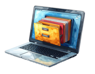 Laptop with file cabinet on screen.  Colorful files