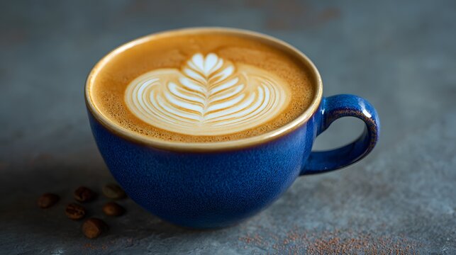 national cappuccino day with hot caffeine idea latte art in a blue coffee cup with textured background - Powered by Adobe