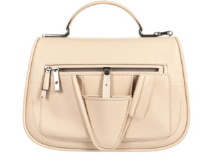 Beige leather handbag, front view