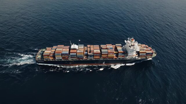 Loaded cargo ship sailing on open ocean