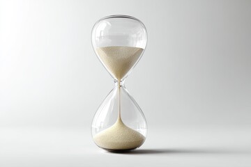 Hourglass, sand flowing, time passing, transparent glass,  pale beige sand