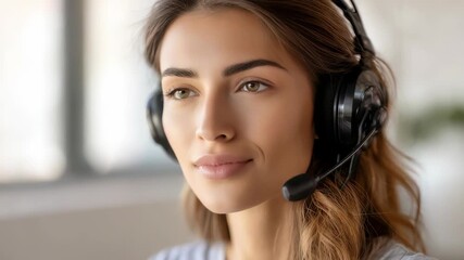 Portrait of a female call center operator wearing a headset, ready to assist customers with inquiries. She represents efficient online support and remote work in a contemporary digital environment - Powered by Adobe